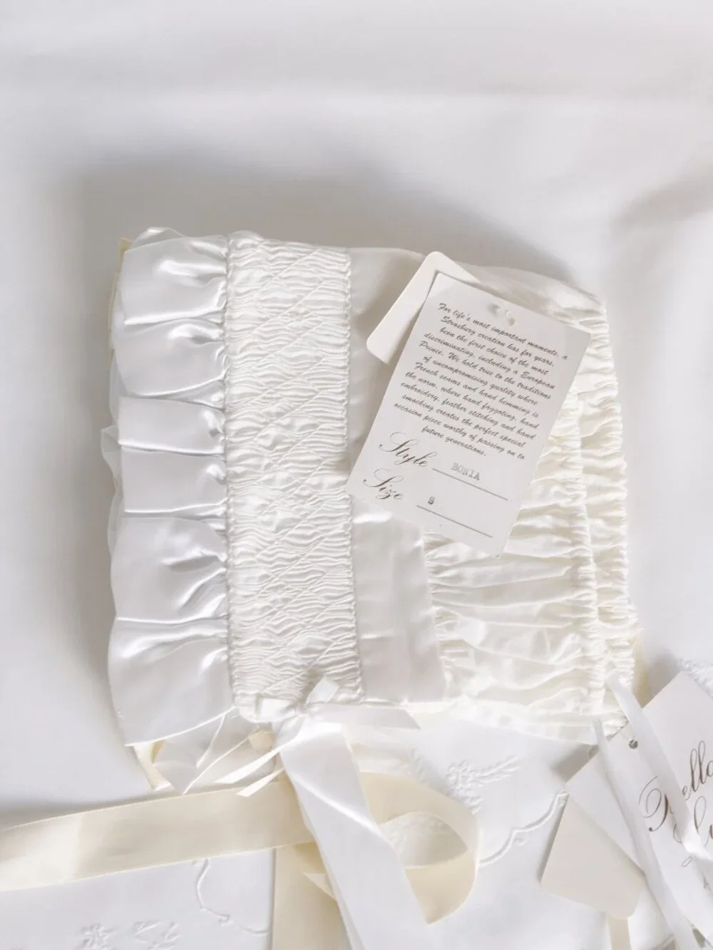 Strasburg White Smocked Bonnet w/ Ivory Satin Trim RARE FIND Special Occassion